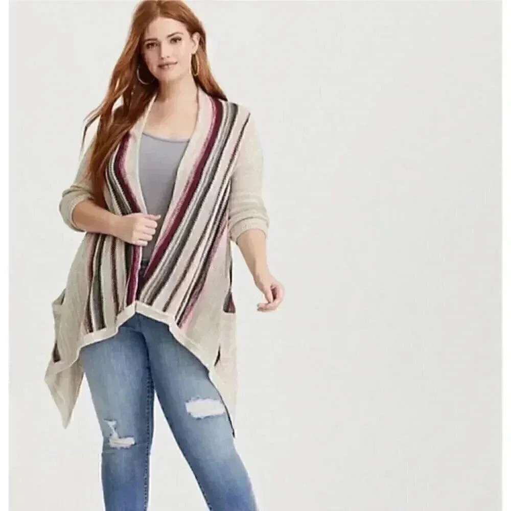 Torrid Women 0X Waterfall Striped Sweater Beige Cotton Rayon 3/4 Sleeve Boho - Picture 1 of 10